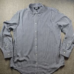 DKNY Size L Button Front Navy & White Striped Career Business Attire Blouse NWT